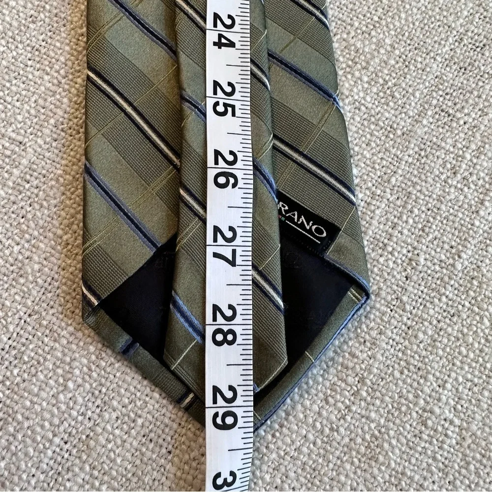 MURANO 100% Silk Tie Olive Sage Green Plaid Diagonal Stripes Blue White